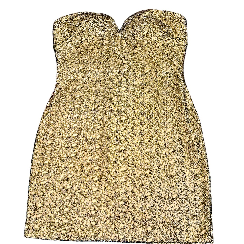 BEBE Vintage Gold Embroidery Strapless Mini Dress